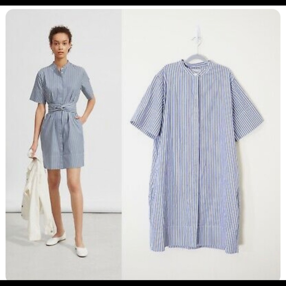 EVERLANE Women's Cotton Collarless Belted Shirtdress Short Sleeve Blue/White
